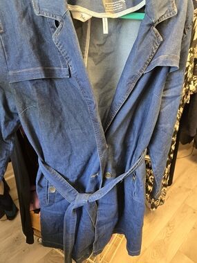 Women's Blue Denim Trench Coat with Self-Tie Waist